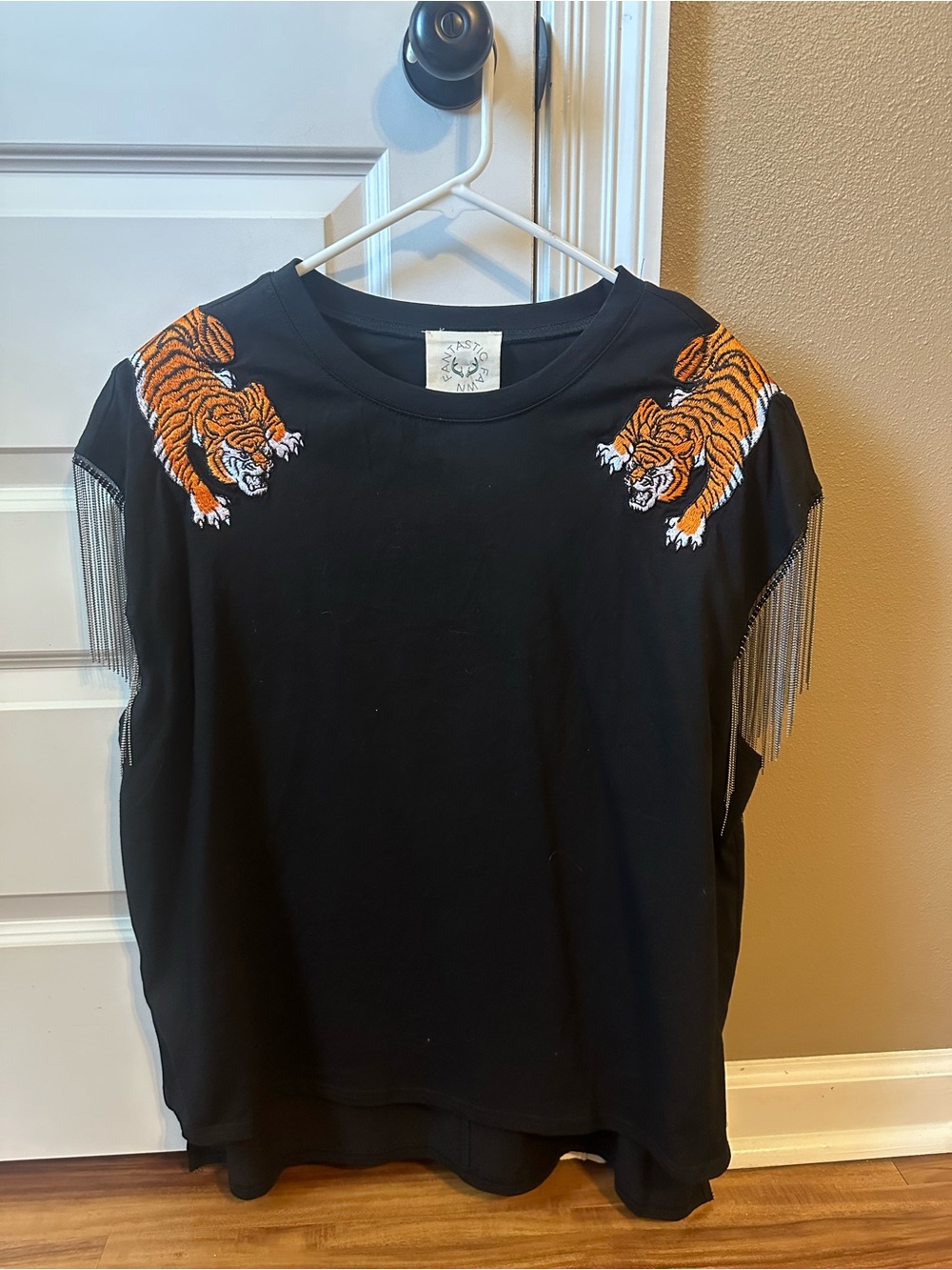 Fantastic Fawn Black Tee with Orange Tiger Shoulder Embroidery